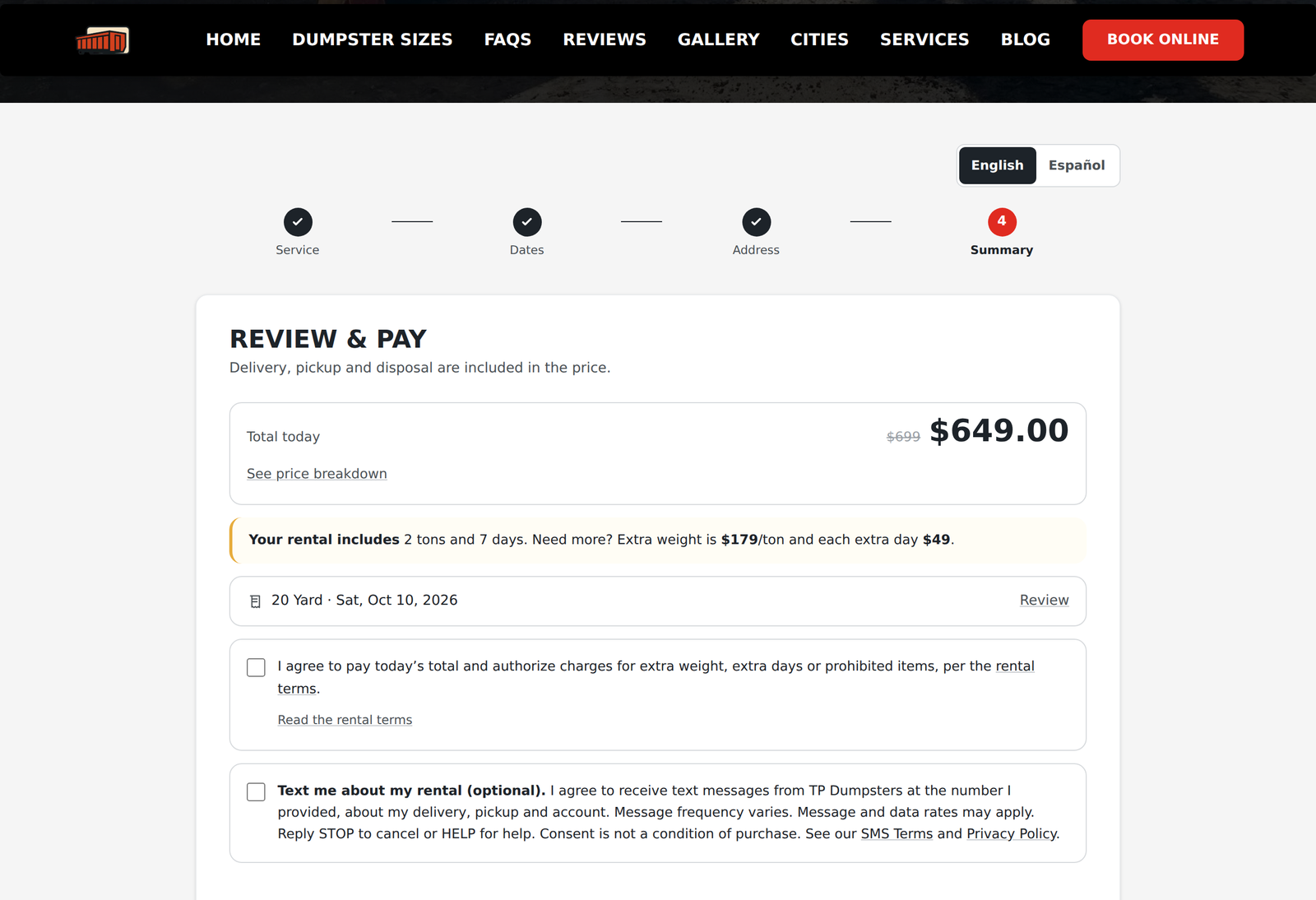 Screenshot of the TP Dumpsters booking form at tpdumpsters.com/booking, step 4 of 4 (Review & Pay), showing the optional SMS consent checkbox unchecked by default.